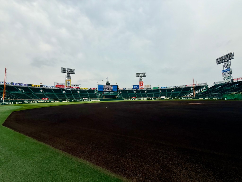 A panoramic view of a baseball stadium field, featuring dark soil and green grass under a cloudy sky, with empty stands visible in the background.